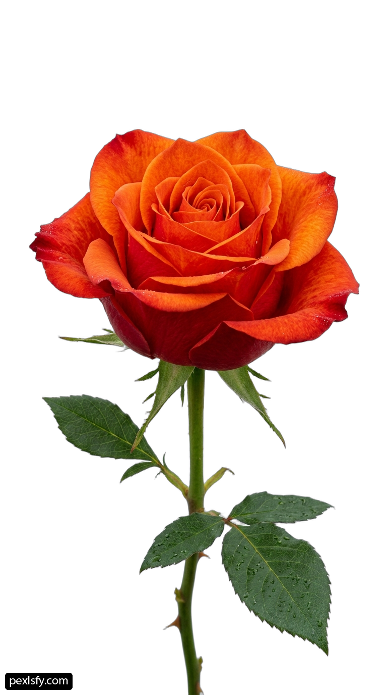 Single orange rose with green leaves on a white background png transparent background