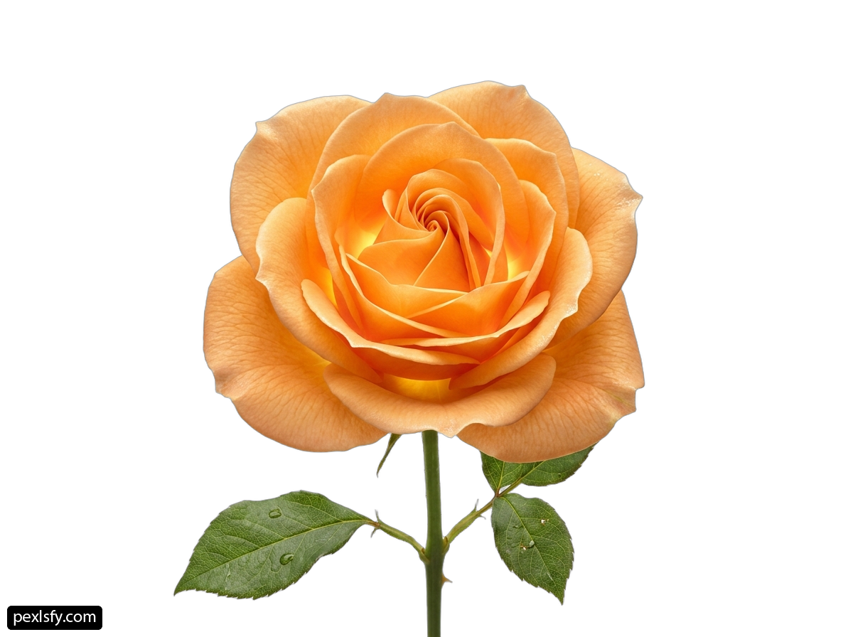 Single orange rose with green leaves on a white background png transparent background