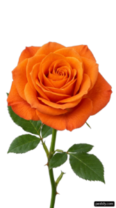 Single orange rose with green leaves on a stem png transparent background