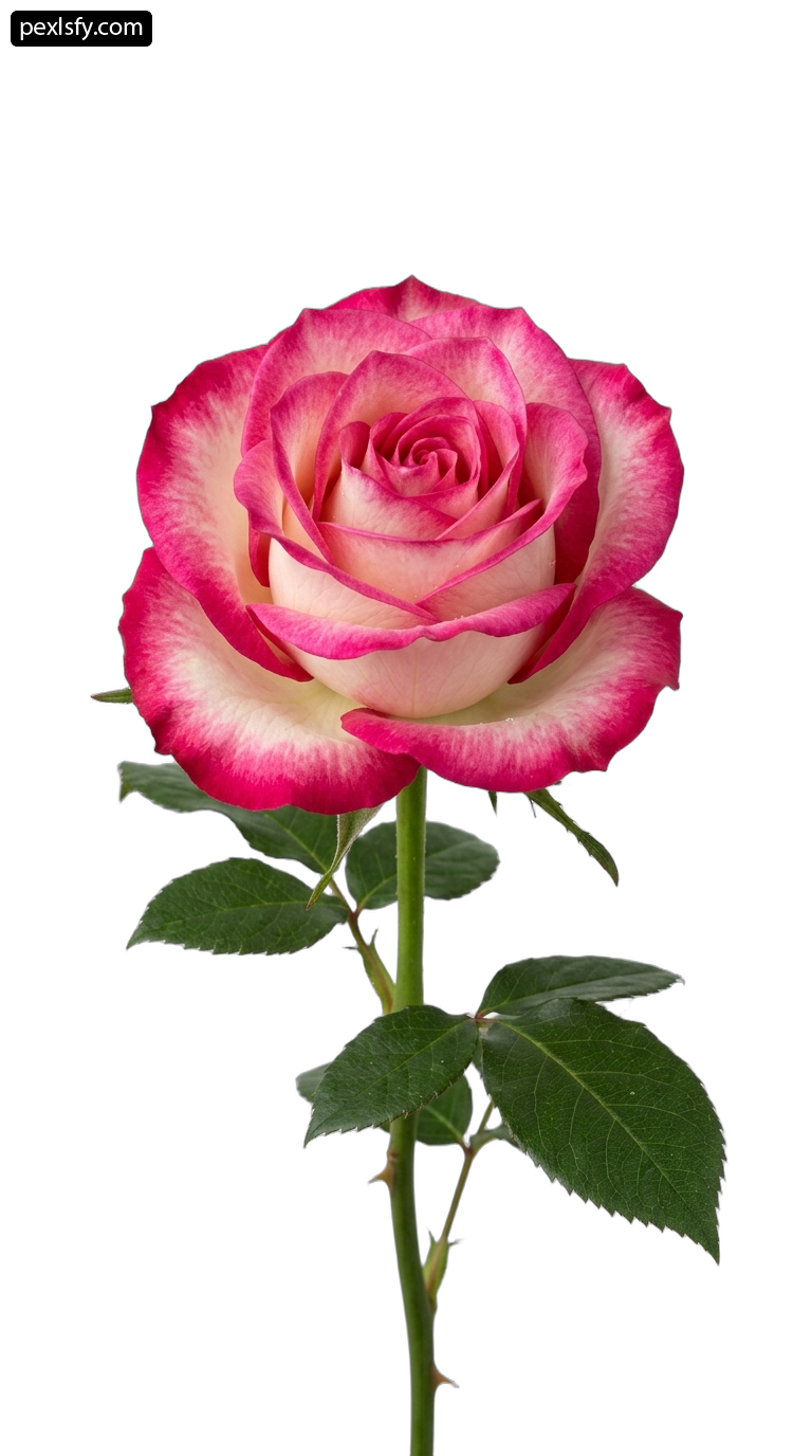 Single pink and white rose with green leaves png transparent background