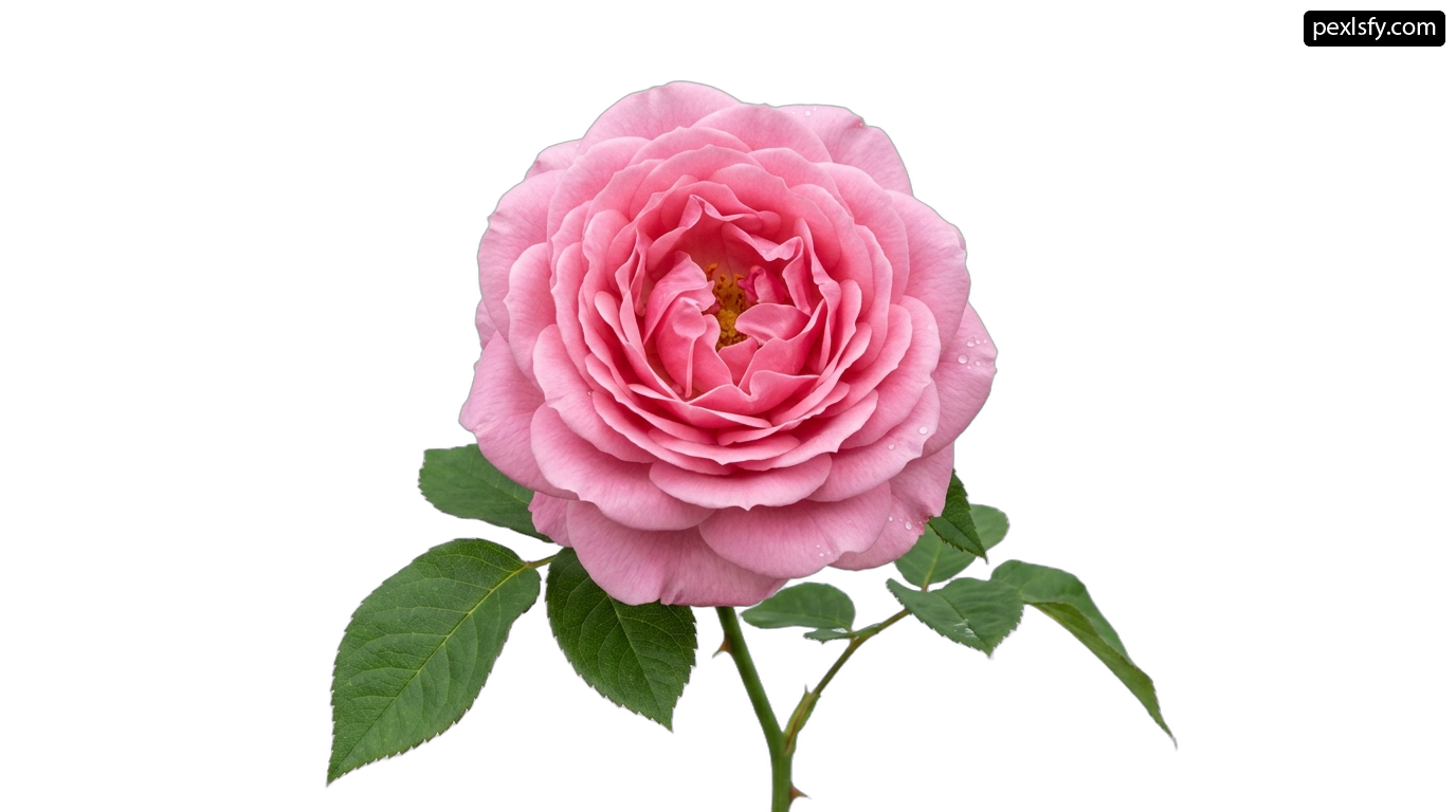 Single pink rose with green leaves on a white background png transparent background
