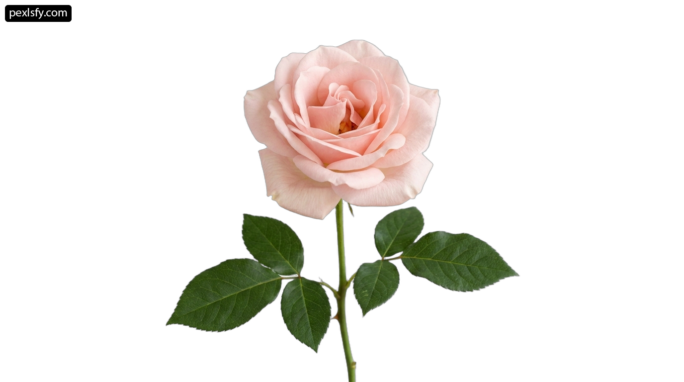 Single pink rose with green leaves on a white background png transparent background