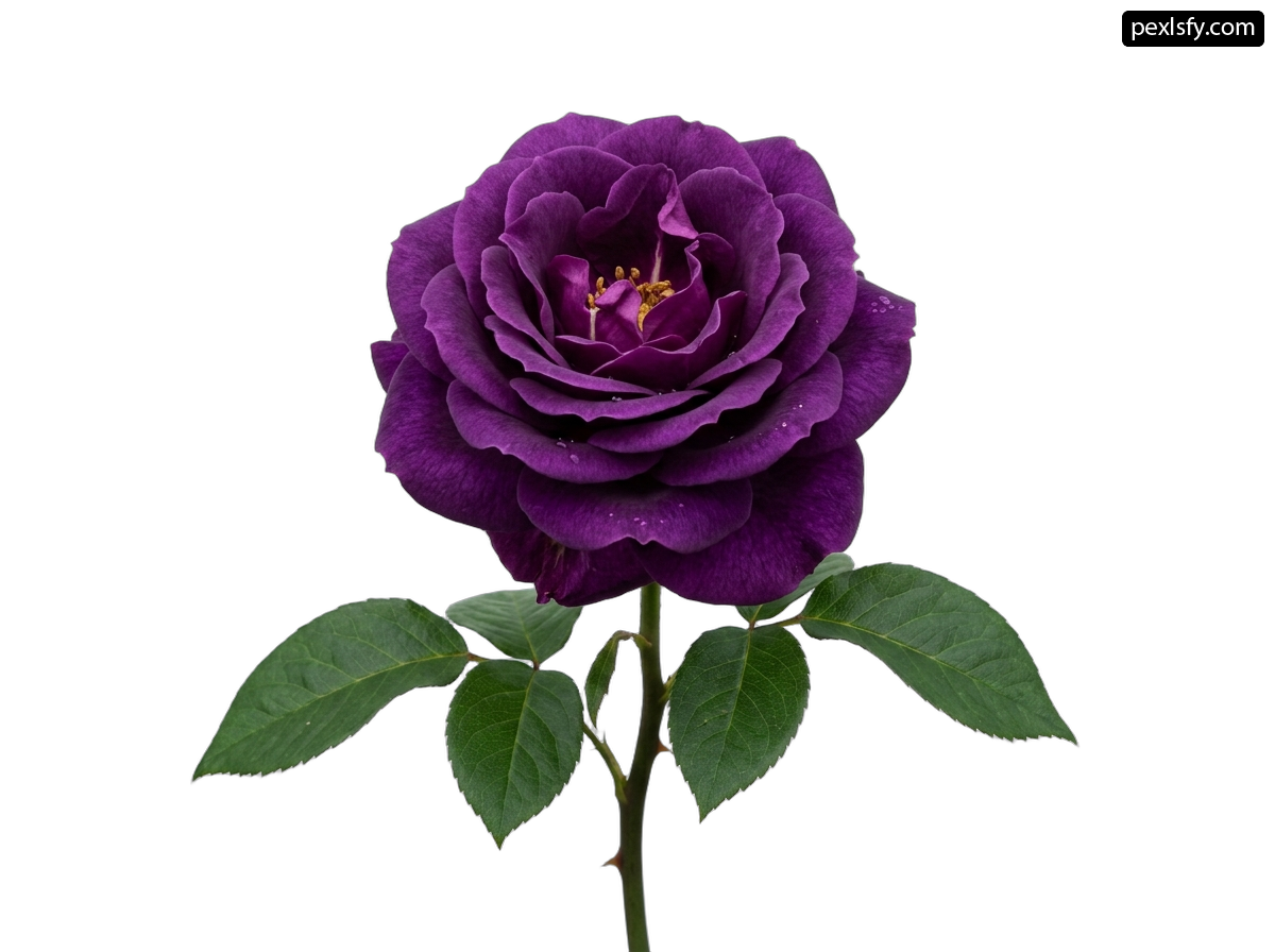 Single purple rose with green leaves on a white background png transparent background