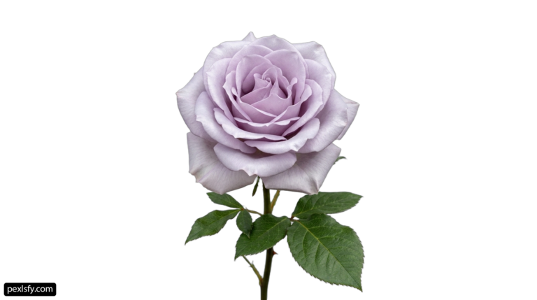 Single purple rose with green leaves on a white background png transparent background