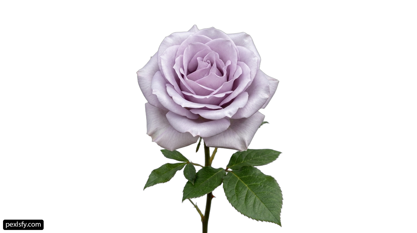 Single purple rose with green leaves on a white background png transparent background