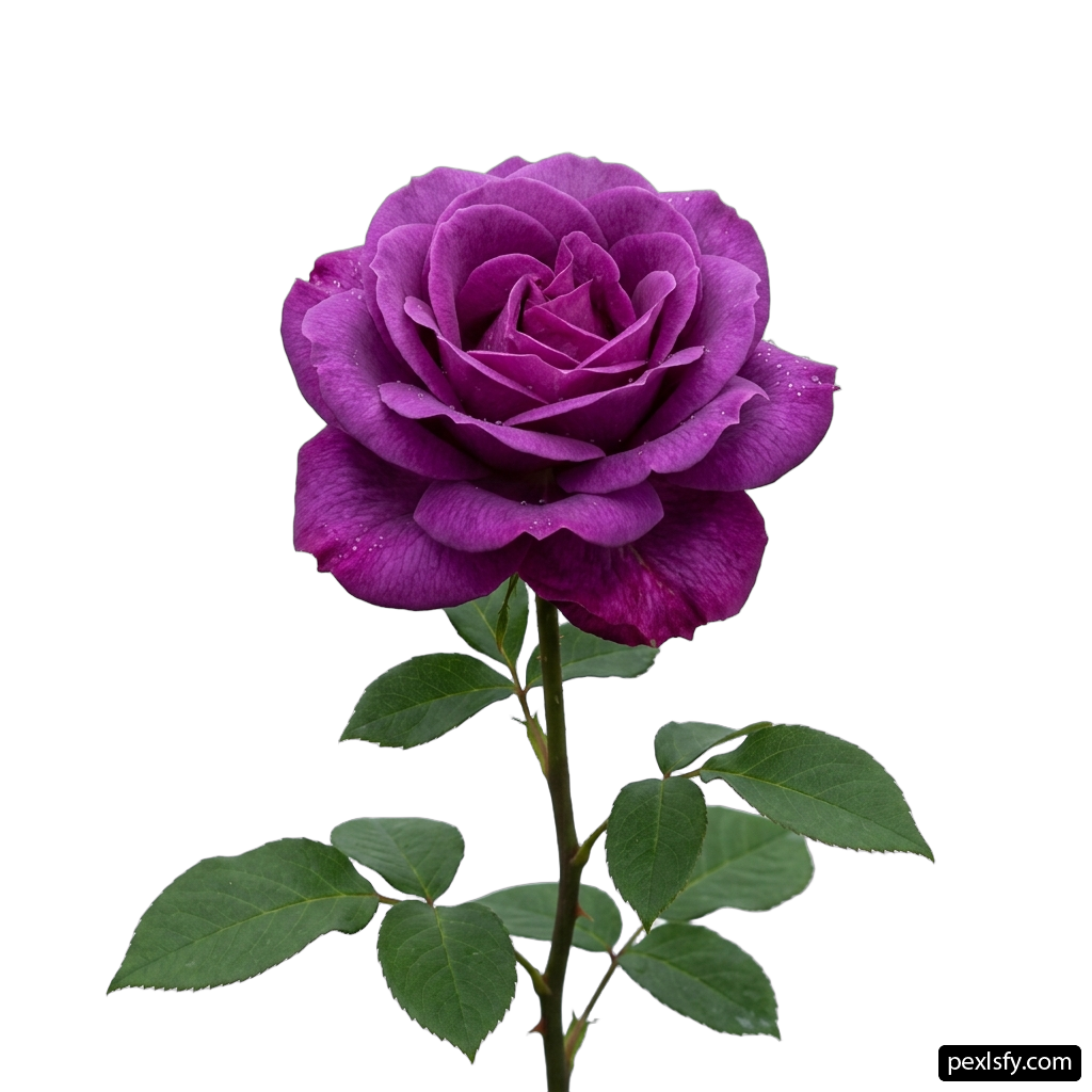 Single purple rose with green leaves on a stem png transparent background