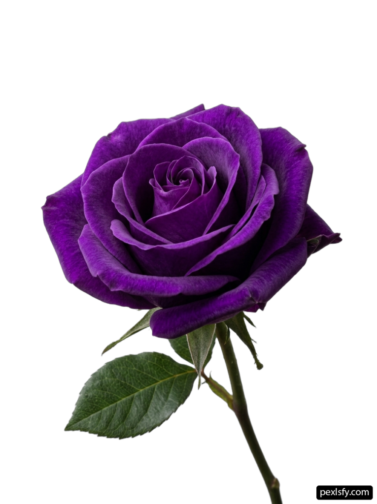 Single purple rose with green leaves on a white background png transparent background