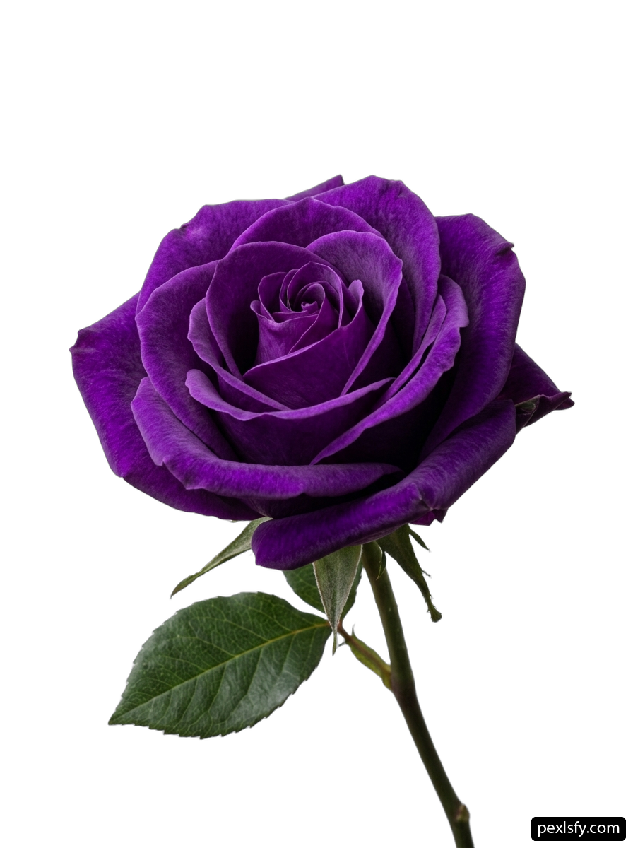 Single purple rose with green leaves on a white background png transparent background