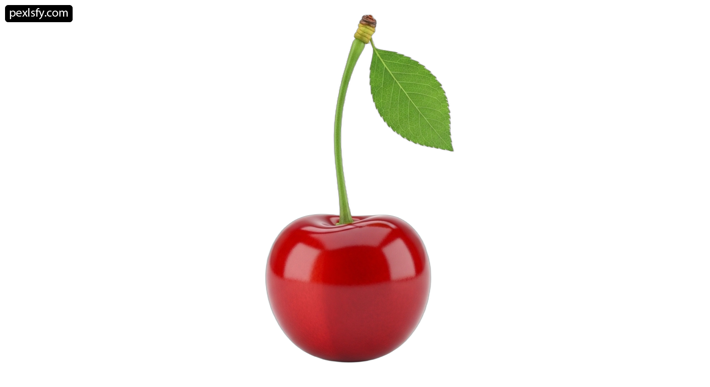 Single red cherry with a green leaf on it png transparent background