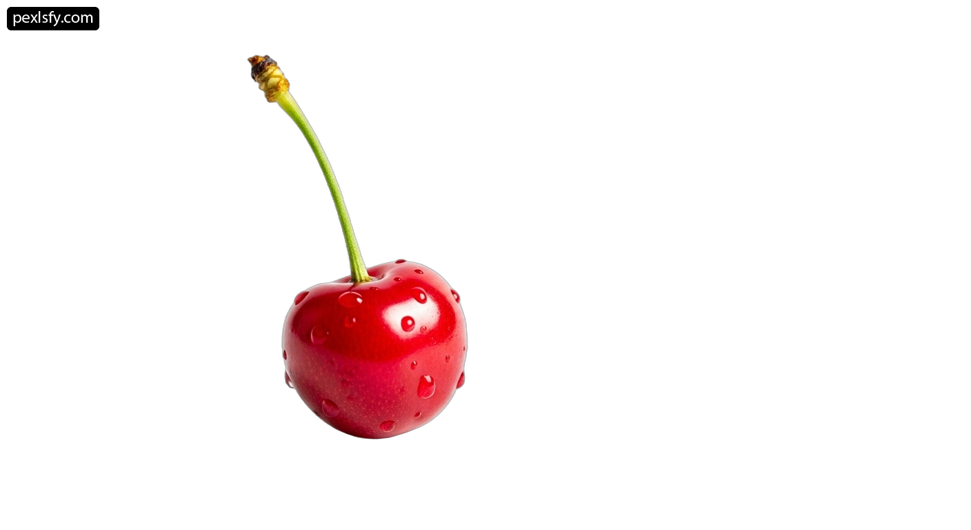 Single red cherry with water droplets on it png transparent background