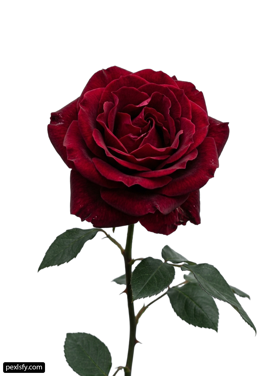 Single red rose with green leaves on a stem png transparent background