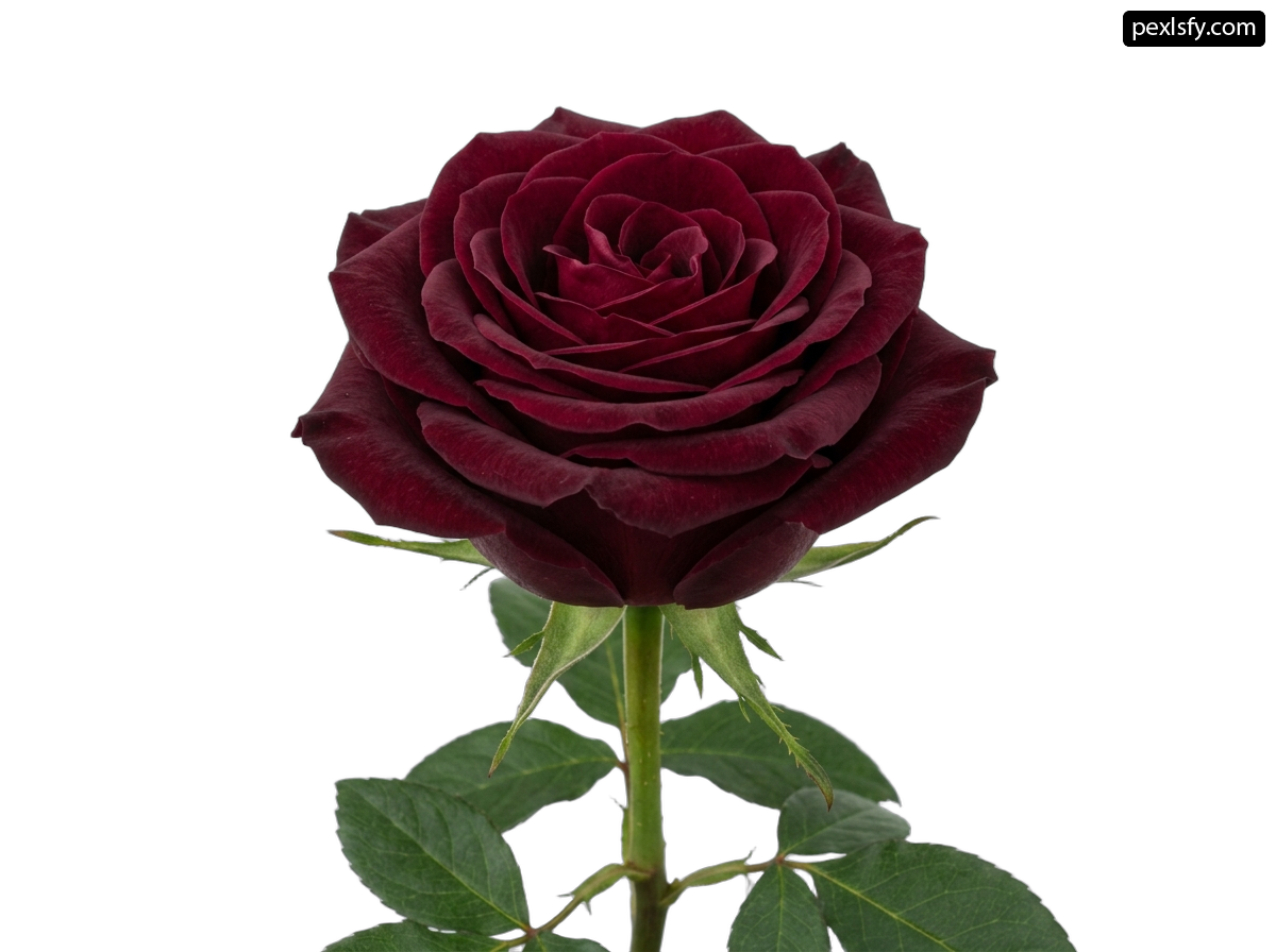 Single red rose with green leaves on a white background png transparent background