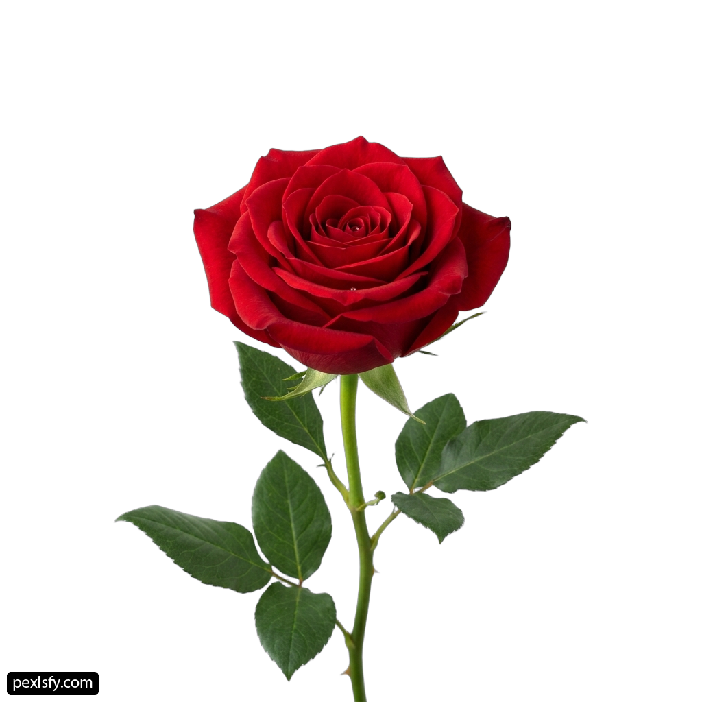 Single red rose with green leaves on a stem png transparent background