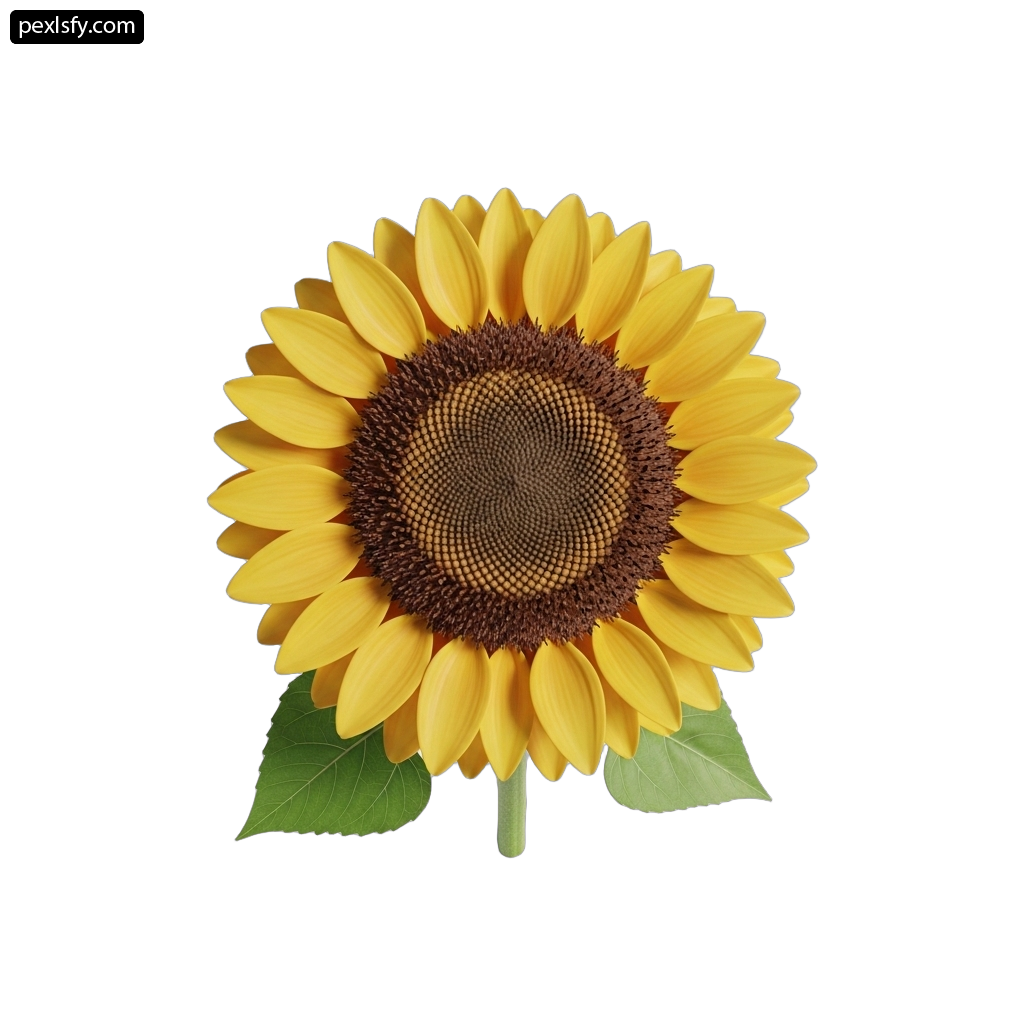Single sunflower with green leaves on a white background png transparent background