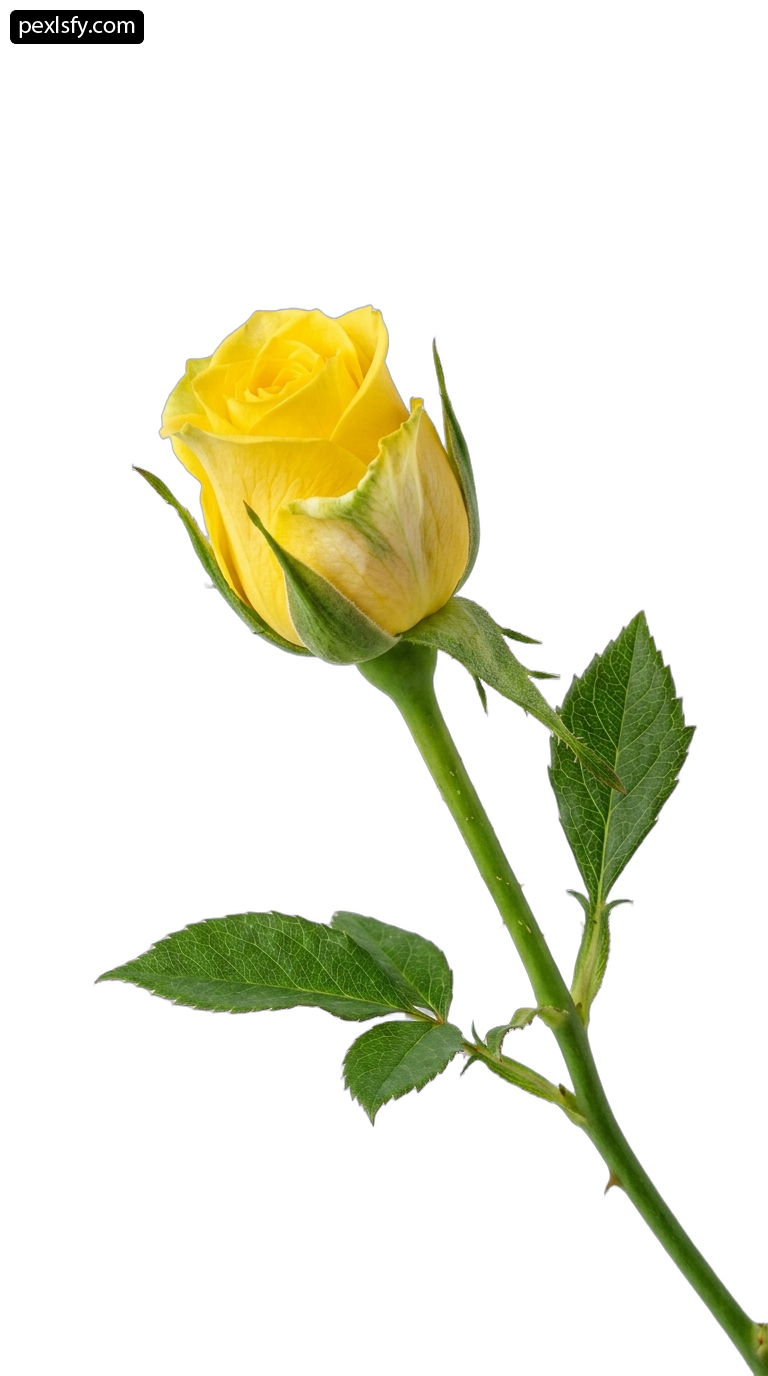 Single yellow rose on a stem with green leaves png transparent background