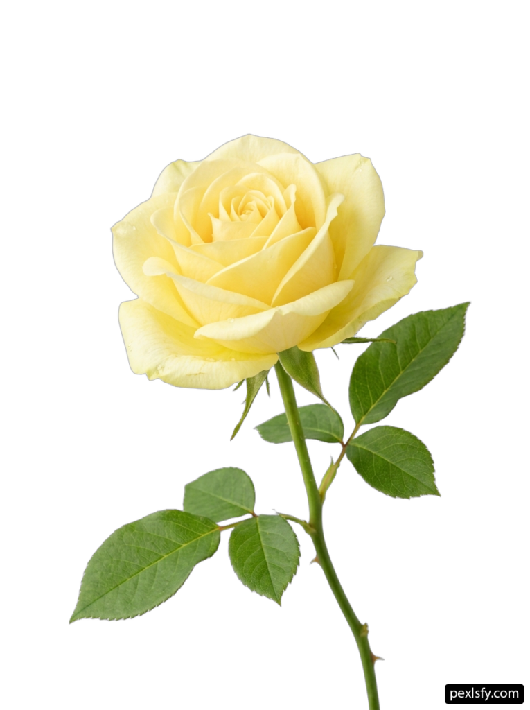 Single yellow rose with green leaves on a stem png transparent background