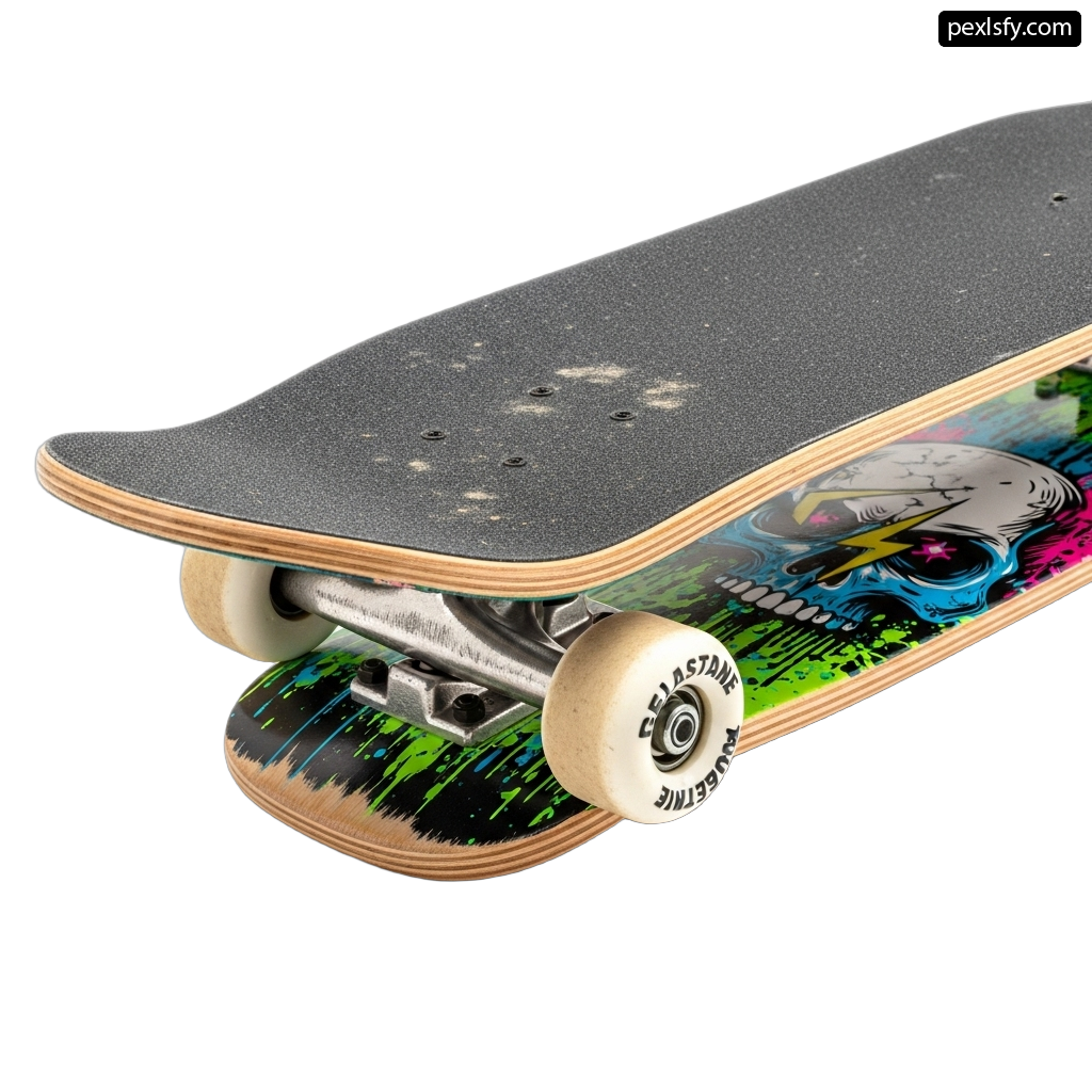 Skateboard with a colorful design on it png transparent background