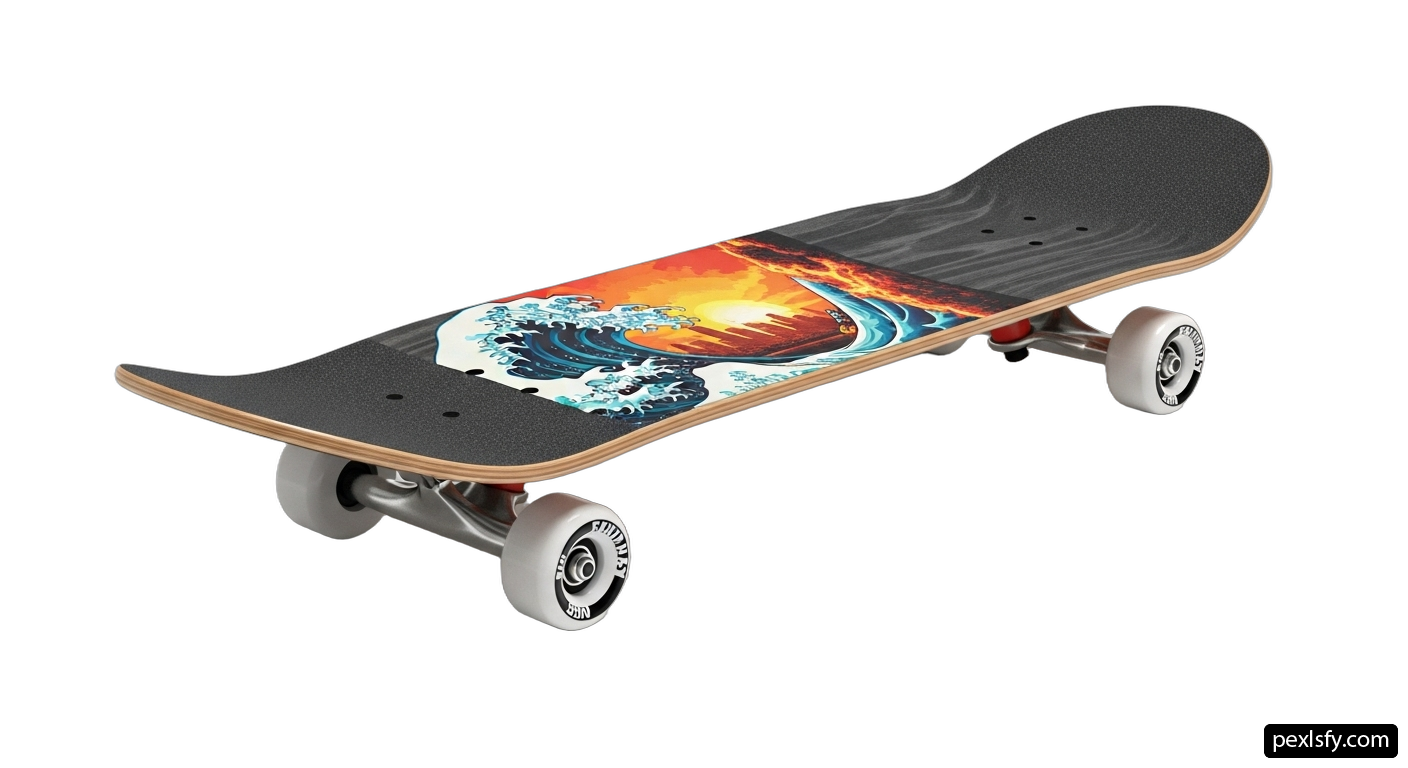 Skateboard with a picture of a sunset on it png transparent background