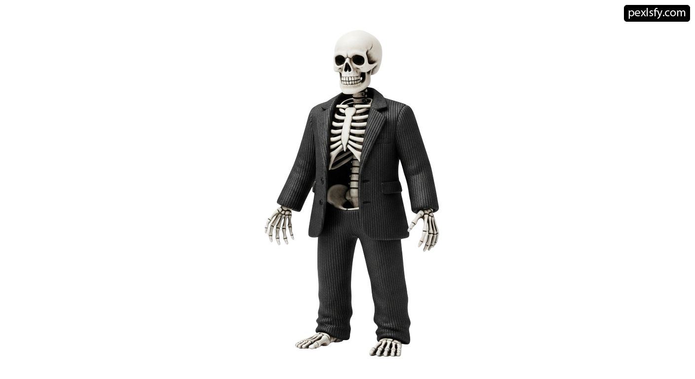 Skeleton in a suit and tie standing on a white background png transparent background