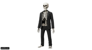Skeleton in a suit and tie standing on a white background png transparent background