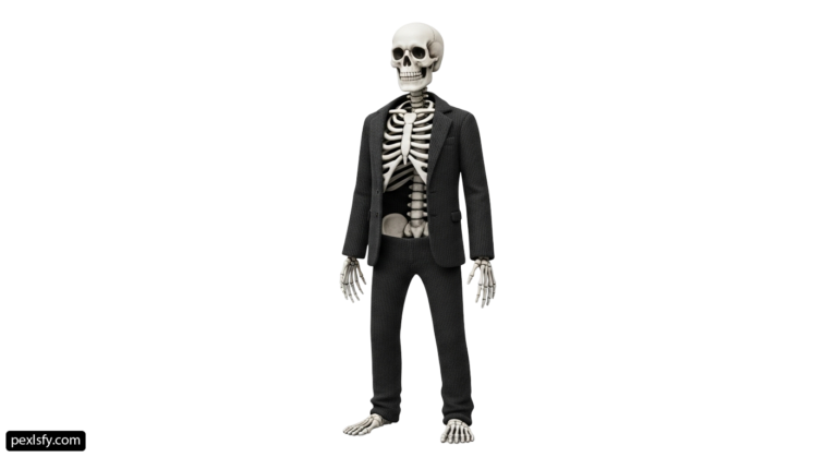 Skeleton in a suit and tie standing on a white background png transparent background