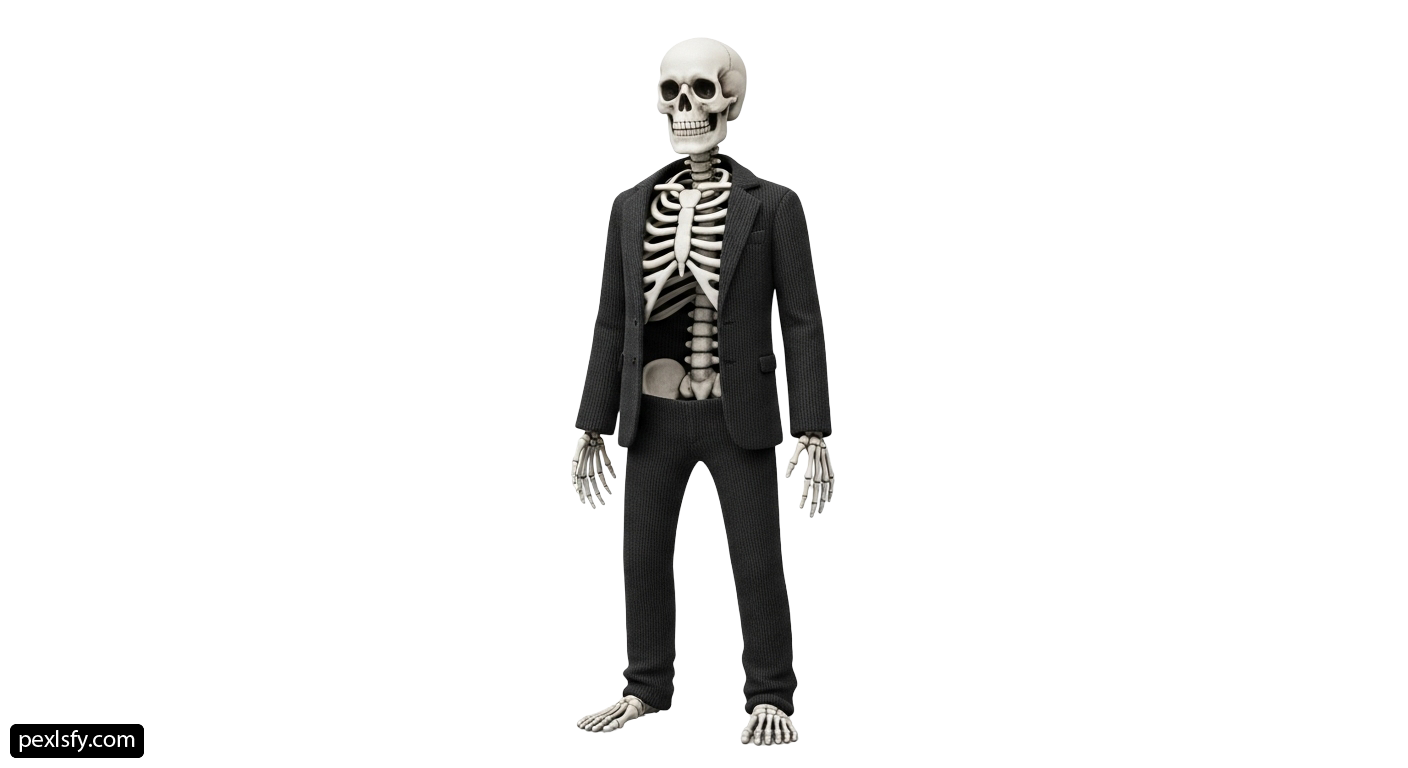 Skeleton in a suit and tie standing on a white background png transparent background