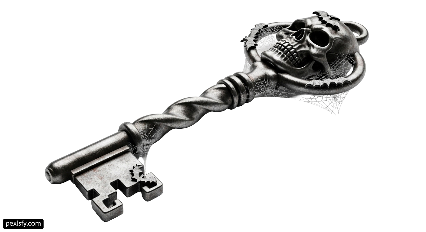 Skeleton key with a spider web wrapped around it png transparent background