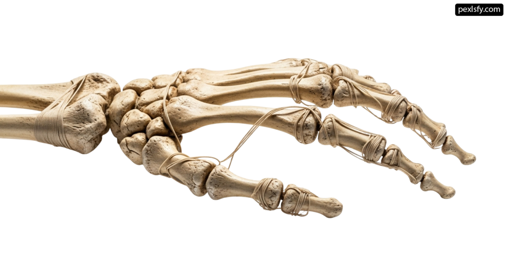 Skeleton of a hand tied up with a string png transparent background