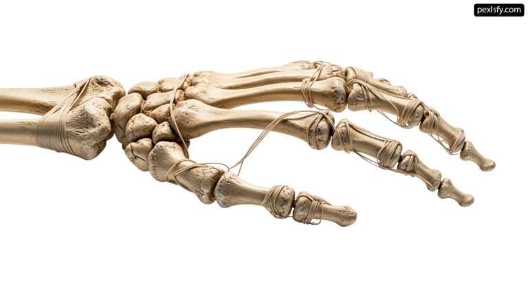 Skeleton of a hand tied up with a string png transparent background