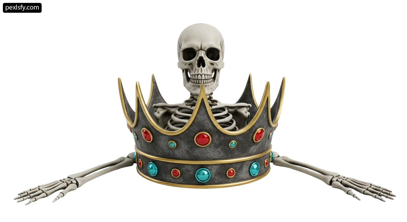 Skeleton wearing a crown on a white background png transparent background