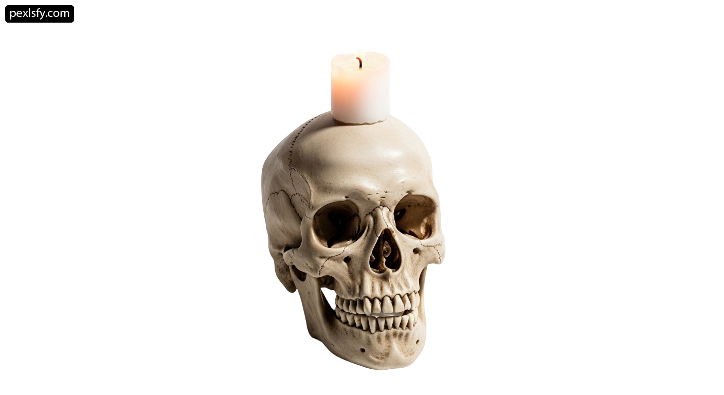 Skull shaped candle holder with a lit candle inside png transparent background