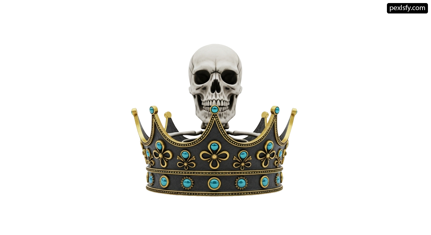 Skull wearing a crown on a white background png transparent background