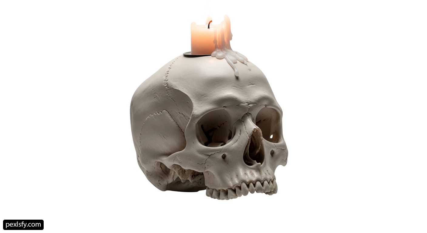 Skull with a lit candle on top of it png transparent background