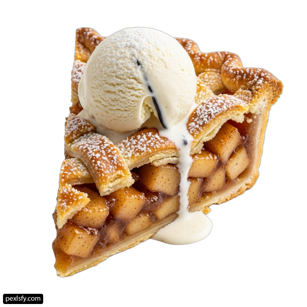 Slice of apple pie with ice cream on top png transparent background