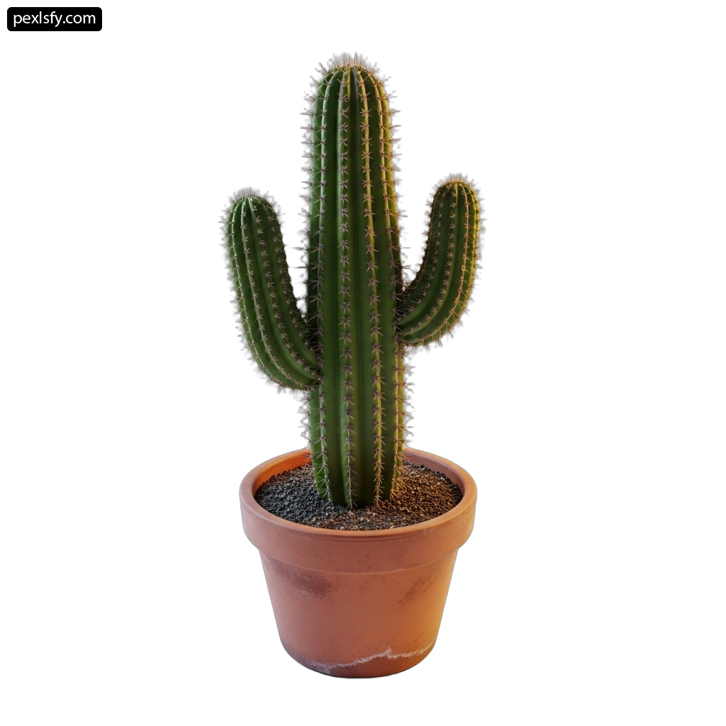 Small cactus in a brown pot on a white background png transparent background