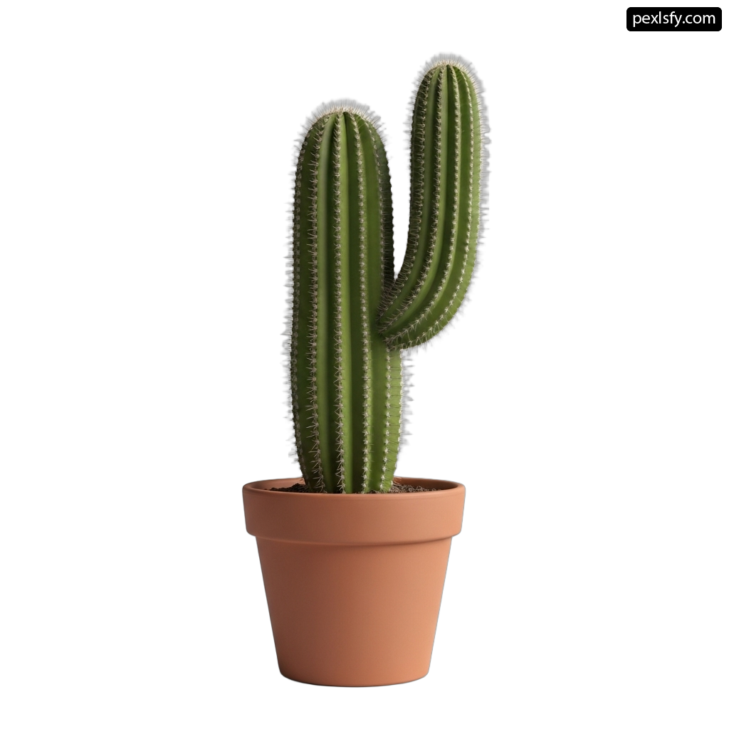 Small cactus in a brown pot on a white background png transparent background
