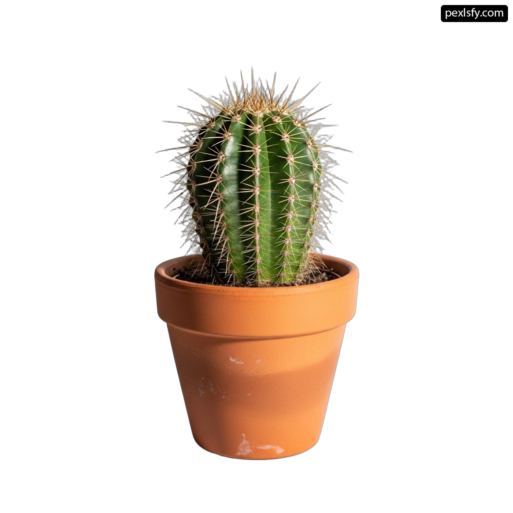Small cactus in a brown pot on a white background png transparent background