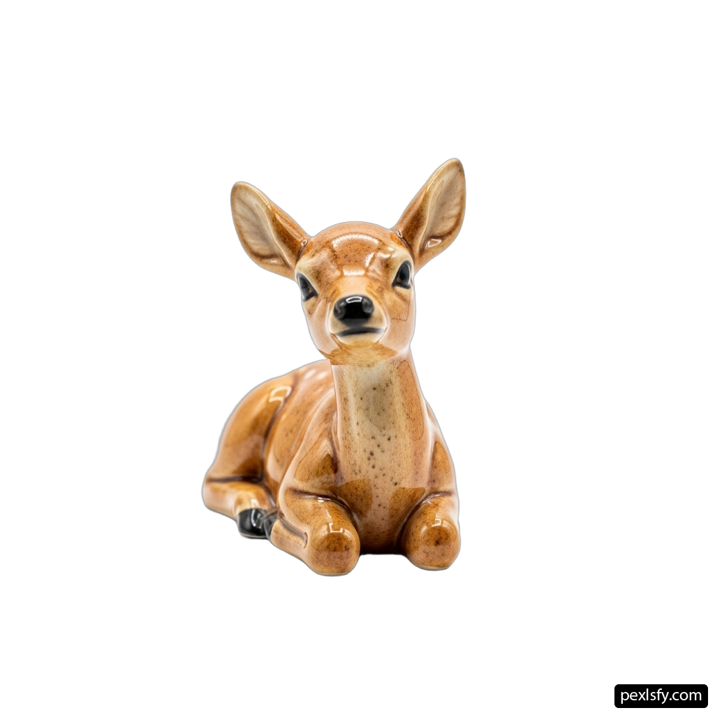 Small figurine of a fawn laying down on a white background png transparent background