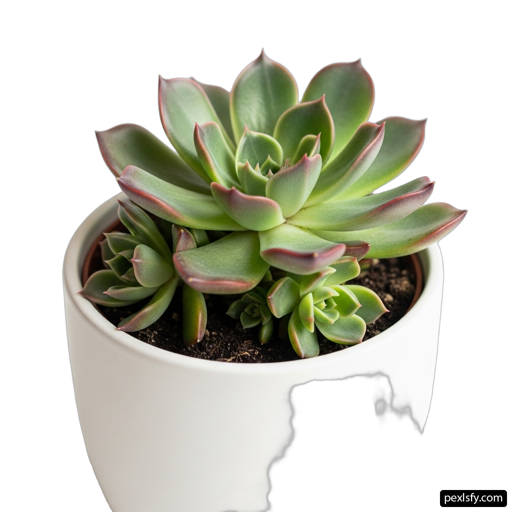 Small succulent plant in a white pot on a white background png transparent background