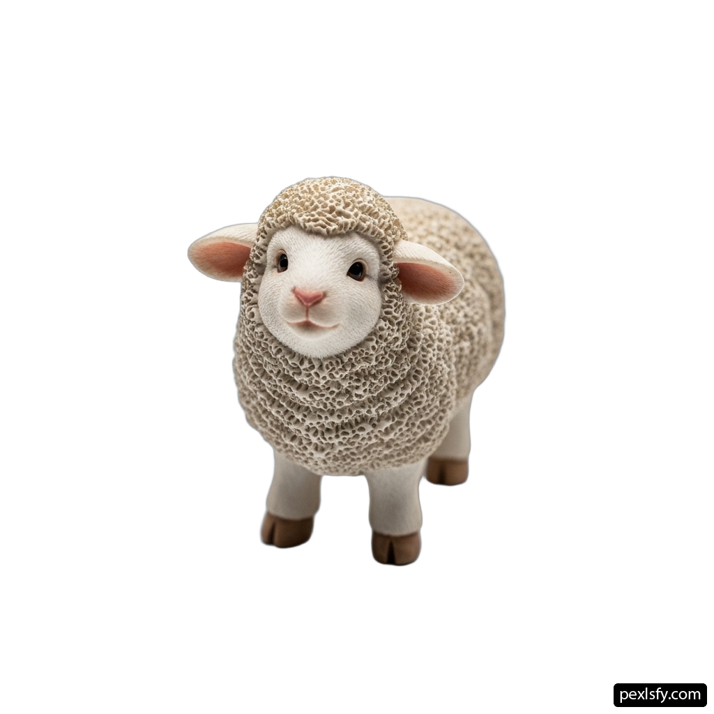Small toy sheep standing on a white surface png transparent background