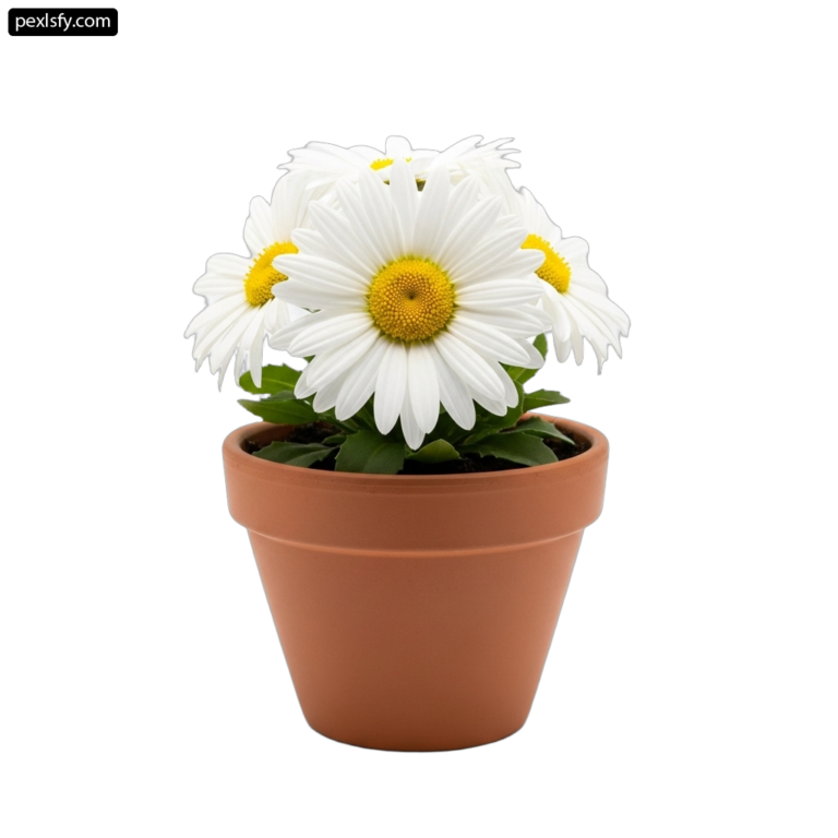 Small white flower in a brown pot on a white background png transparent background