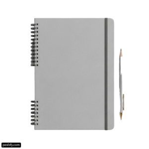 Spiral notebook with a pen on top of it png transparent background