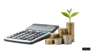 Stack of coins with a plant growing out of it png transparent background