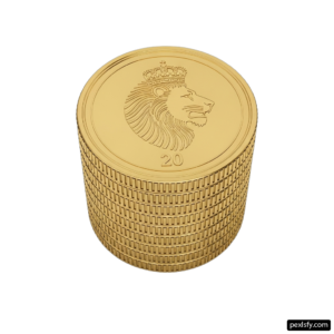 Stack of gold coins with a lion head on top png transparent background