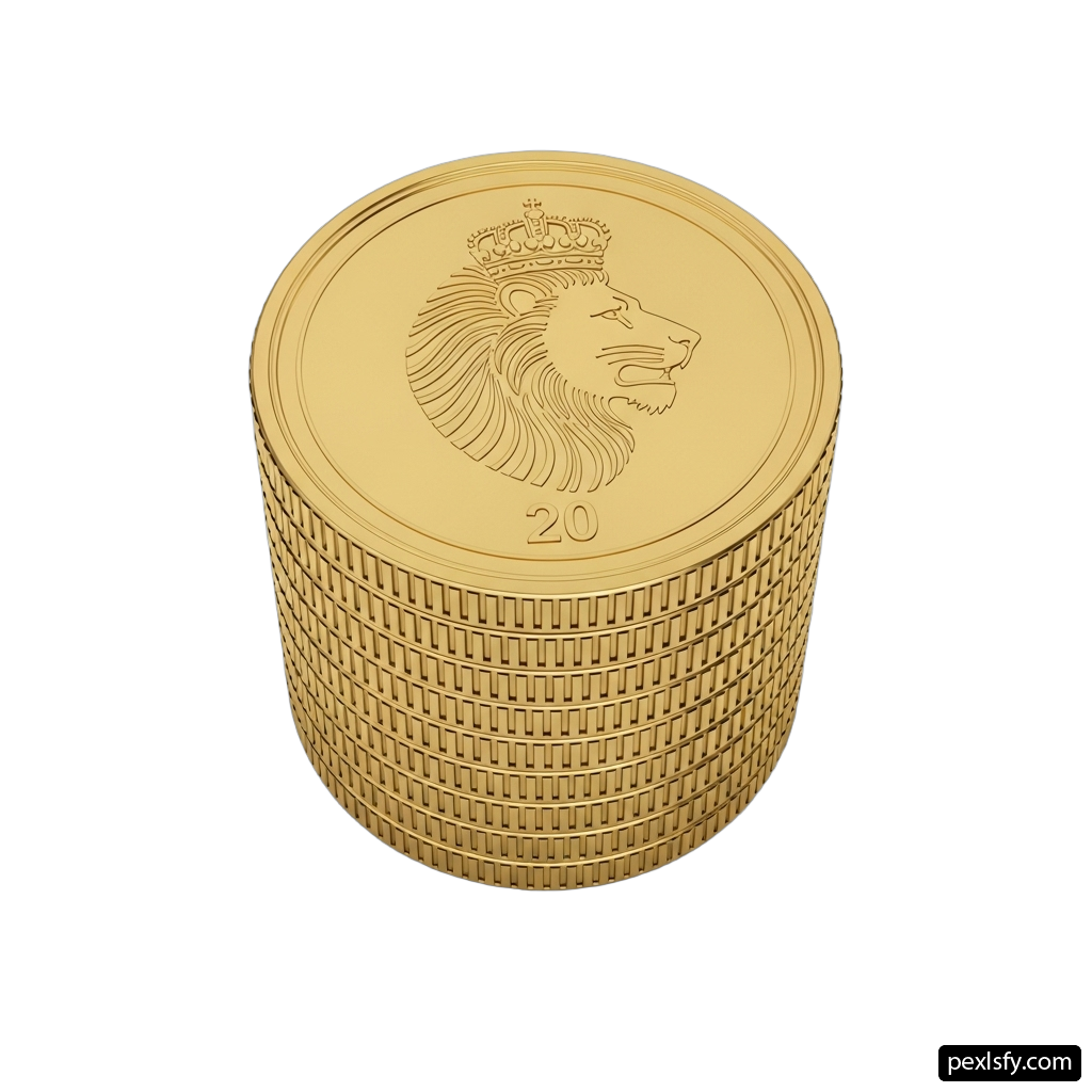 Stack of gold coins with a lion head on top png transparent background