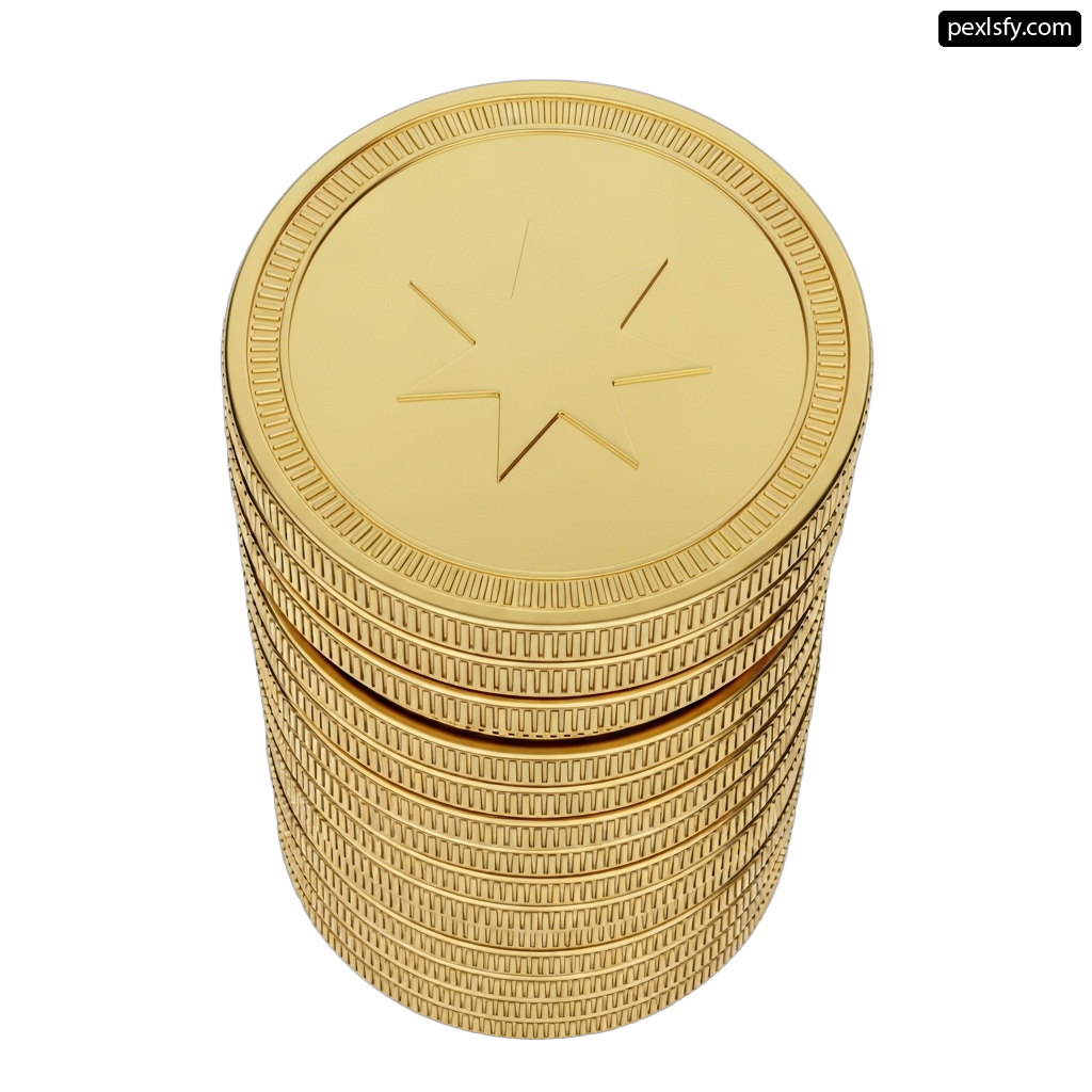Stack of gold coins with a star on top png transparent background