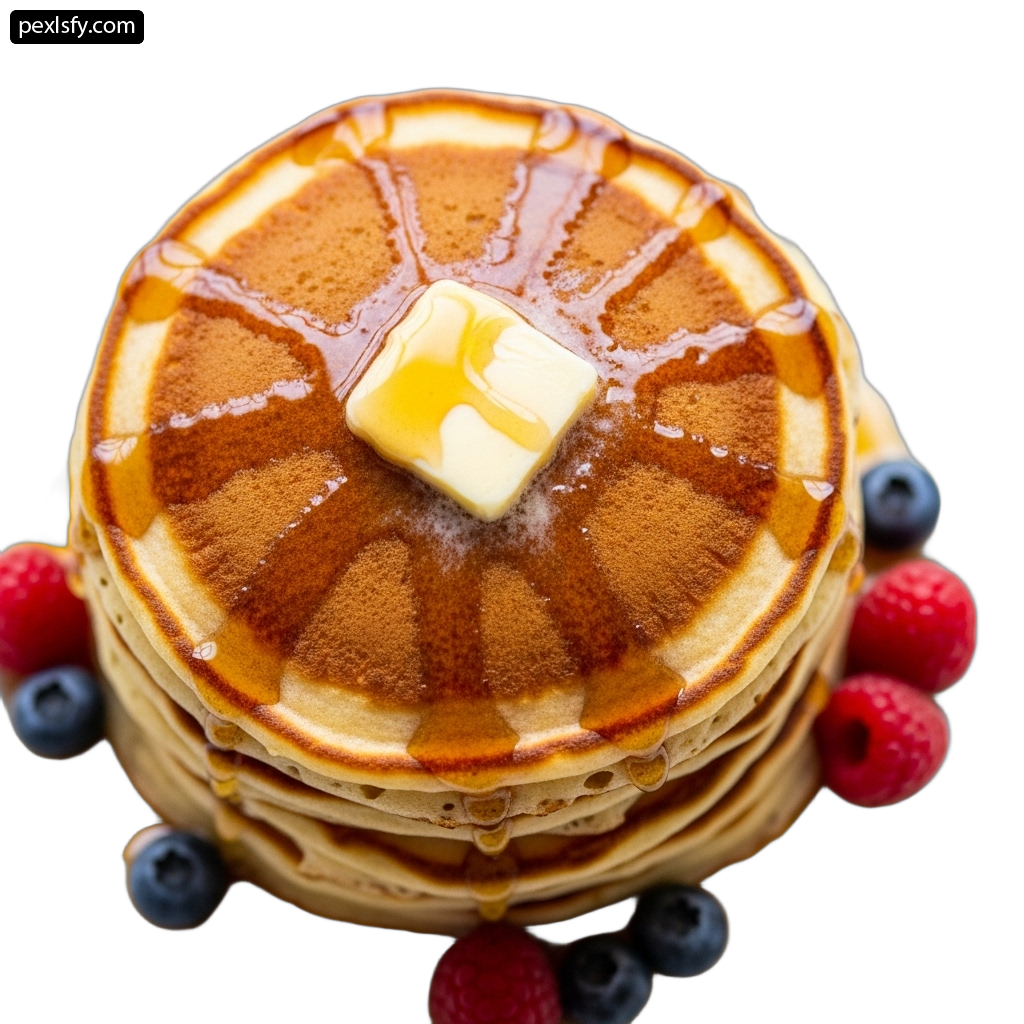 Stack of pancakes with butter and berries on top png transparent background