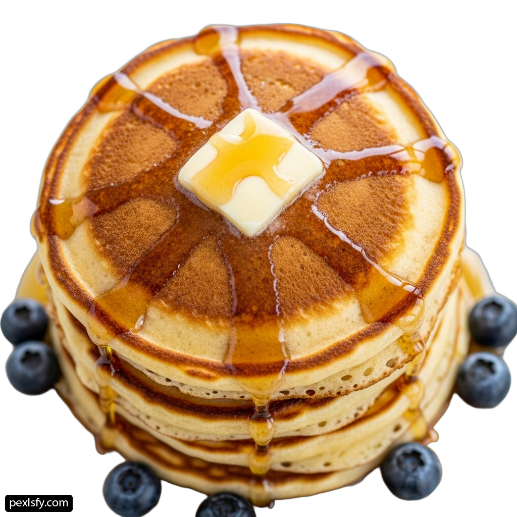 Stack of pancakes with syrup and blueberries on top png transparent background
