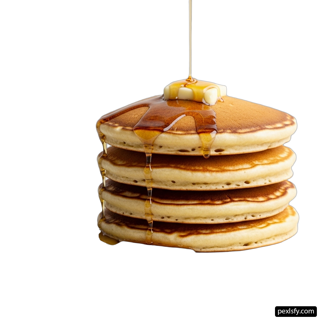 Stack of pancakes with syrup being poured on top png transparent background