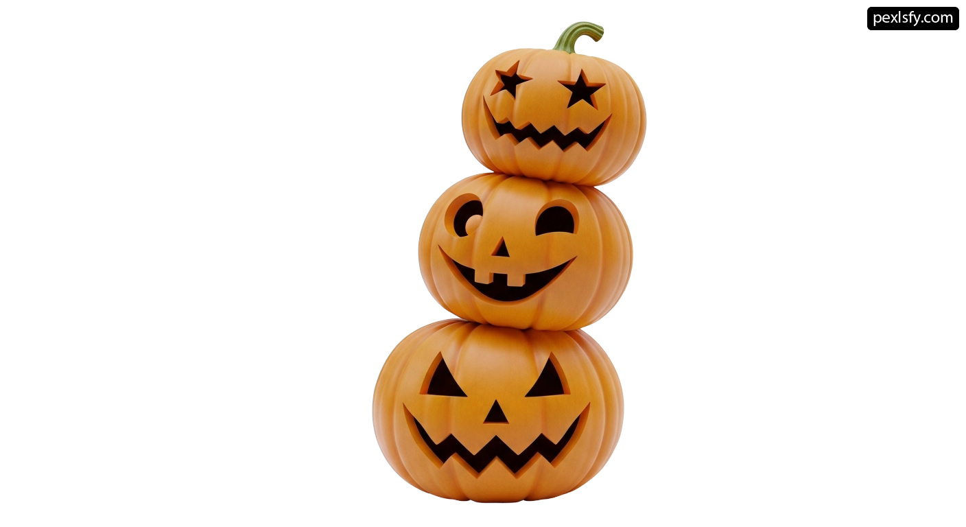 Stack of three carved pumpkins sitting on top of each other png transparent background